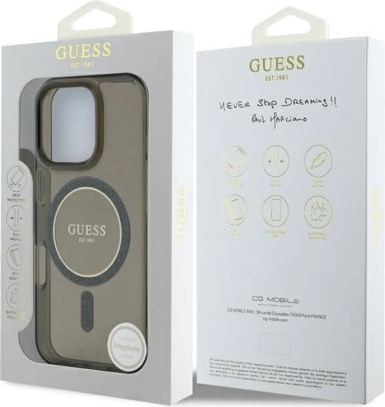 Mbështjellës Guess IML Glitter Circle MagSafe për iPhone 16 Pro Max, i zi