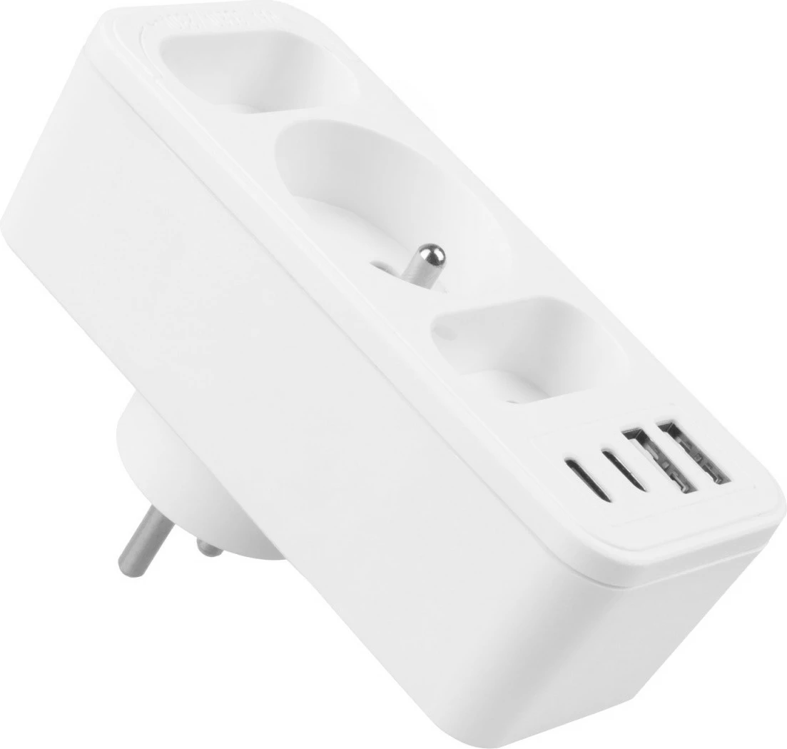 Ndarës prizash Maclean MCE248 F/W, 3 dalje (2 të sheshta + 1 me tokëzim), 2xUSB-A 18W, 2xUSB-C PD 20W, e bardhë