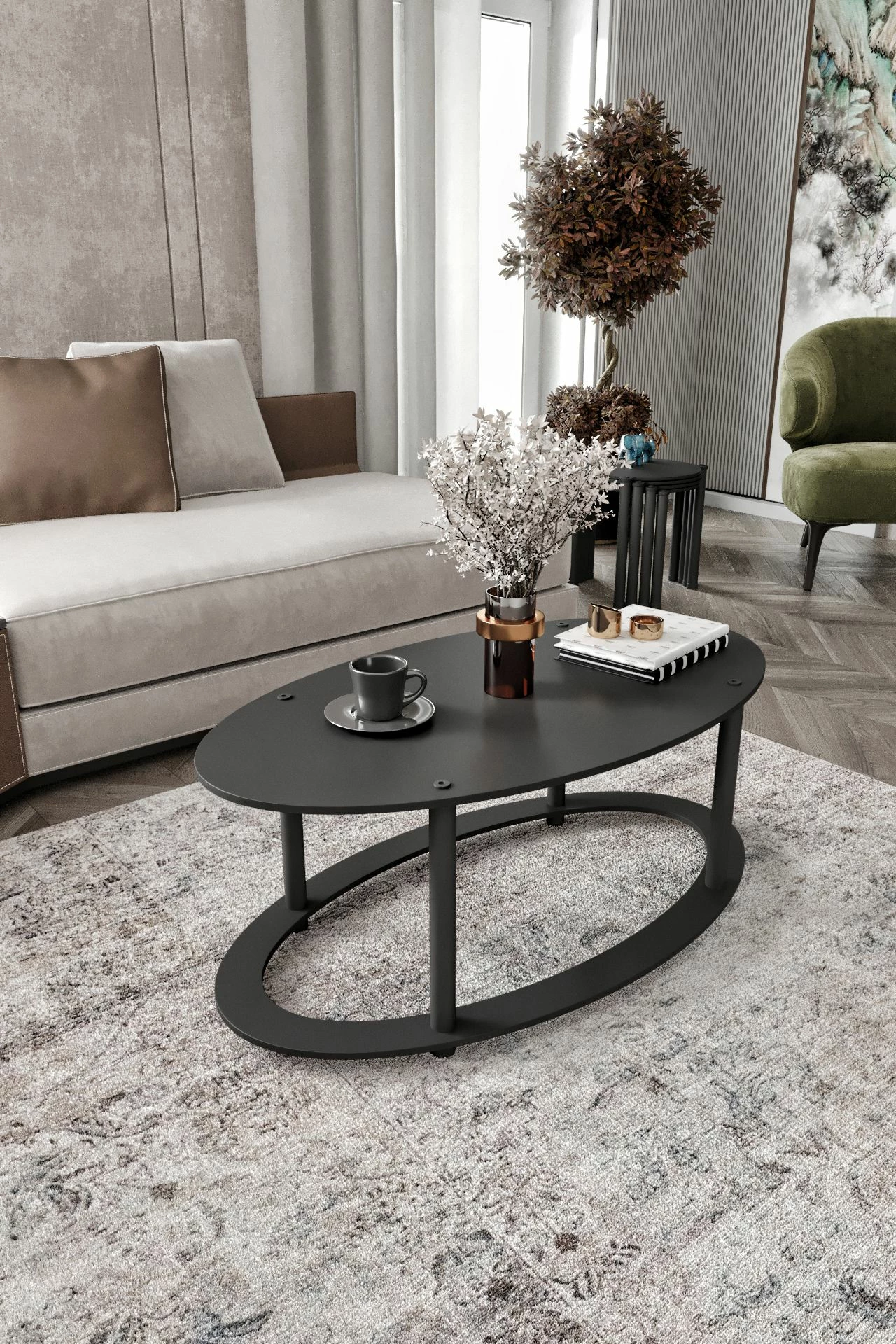 Tavolinë kafeje Skye Decor, formë elips, ngjyrë e zezë