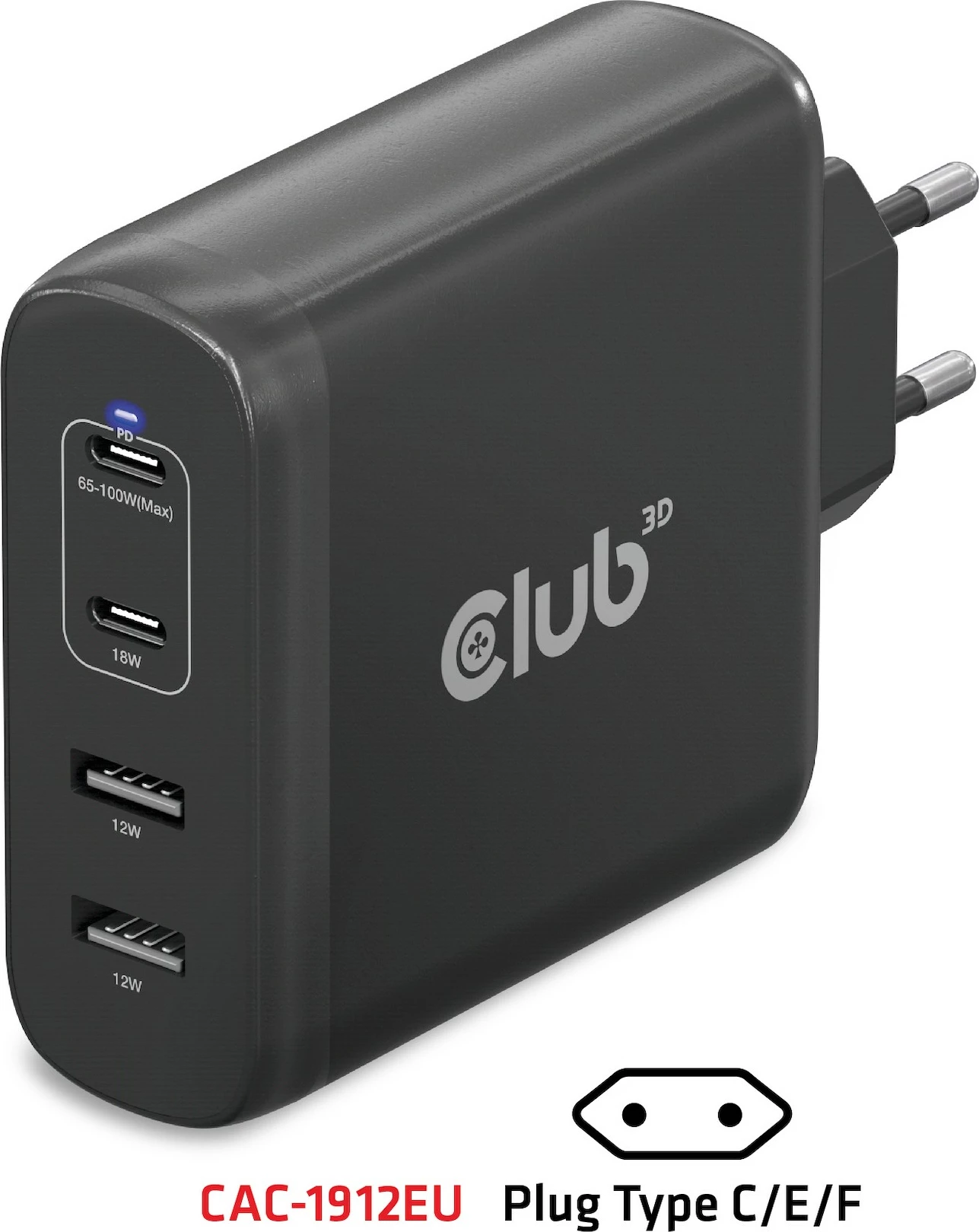 Karikues Club3D 2xUSB Type-C, 2xUSB Type-A, PD 100W, GaN, i zi