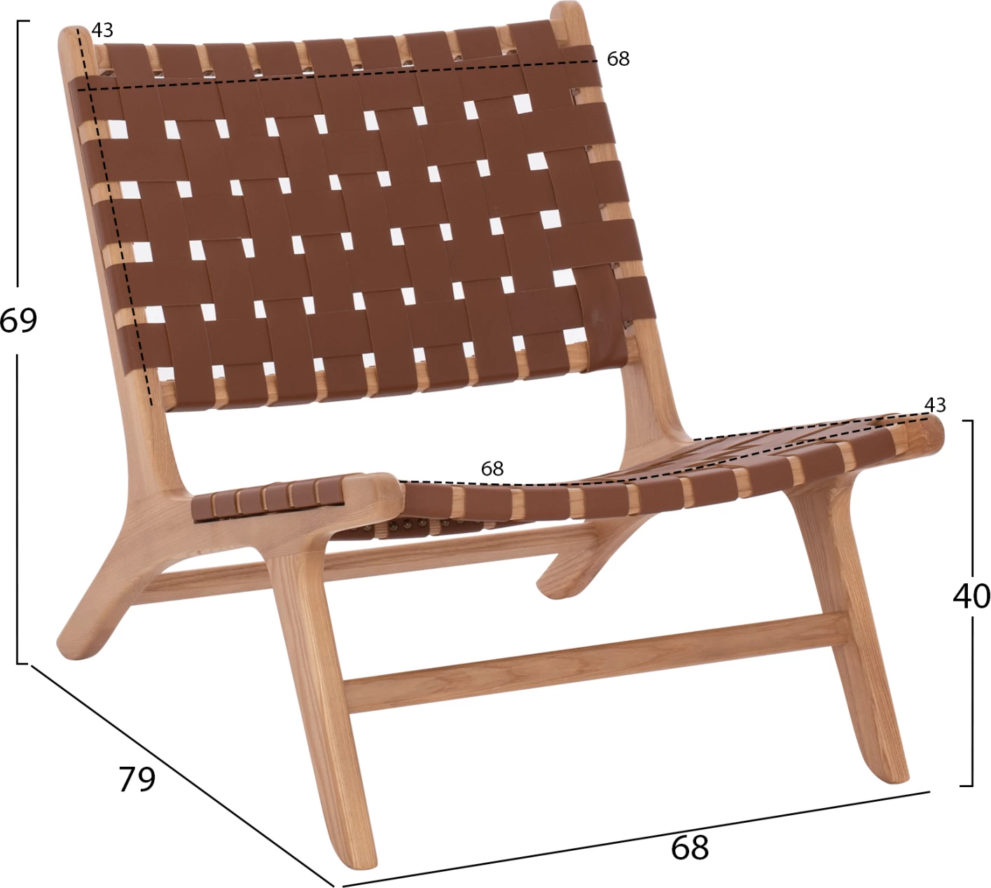 Karrige lounge prej druri, lëkurë PU e thurur, kafe, FH9326.01, 68x79x69cm