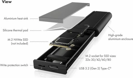 Kasë eksternë për SSD M.2 NVMe ICYBOX IB-1807MT-C31, USB-C 3.2 Gen 2 10Gbps, me write protection, 2230-2280, deri 2TB, e zezë