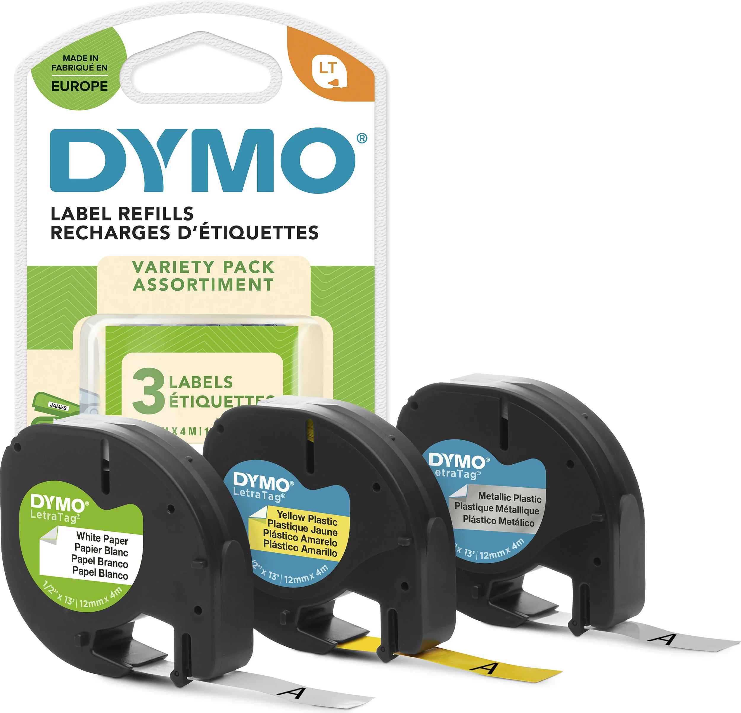 Kasetë etikete DYMO LetraTag 12mm x 4m, 3 copë, zi në të bardhë
