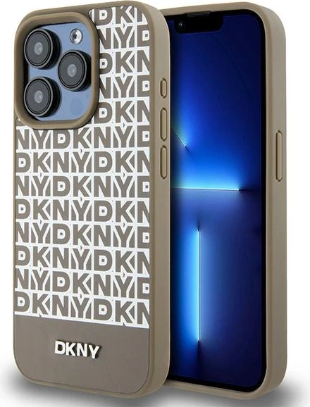 Mbështjellës DKNY Leather Printed Pattern Metal Logo MagSafe për iPhone 15 Pro Max, Kafe