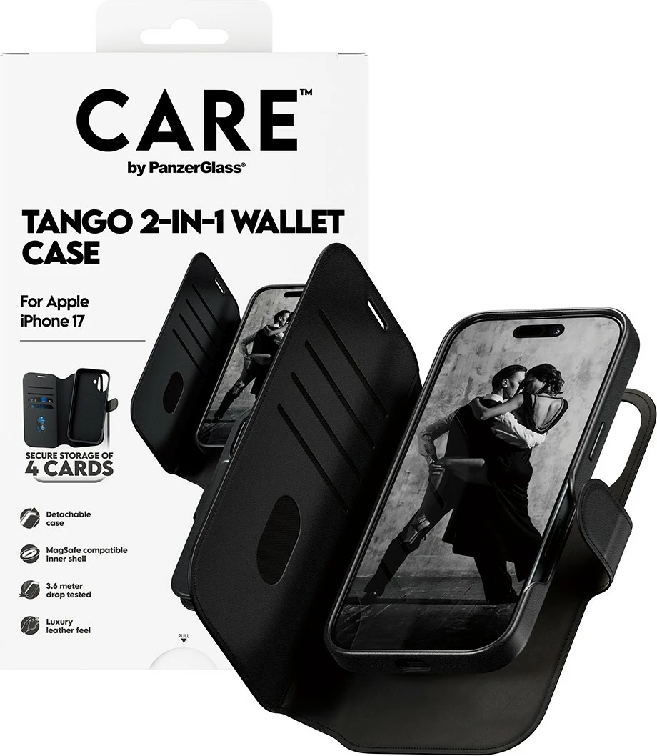 Mbështjellës PanzerGlass CARE Feature Case Tango 2in1 Wallet MagSafe për iPhone 17, i zi