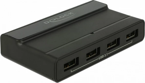 USB hub DeLOCK 4-port, USB-C në hyrje, USB 3.2 Gen 2 10Gbps, me adapter AC, i zi