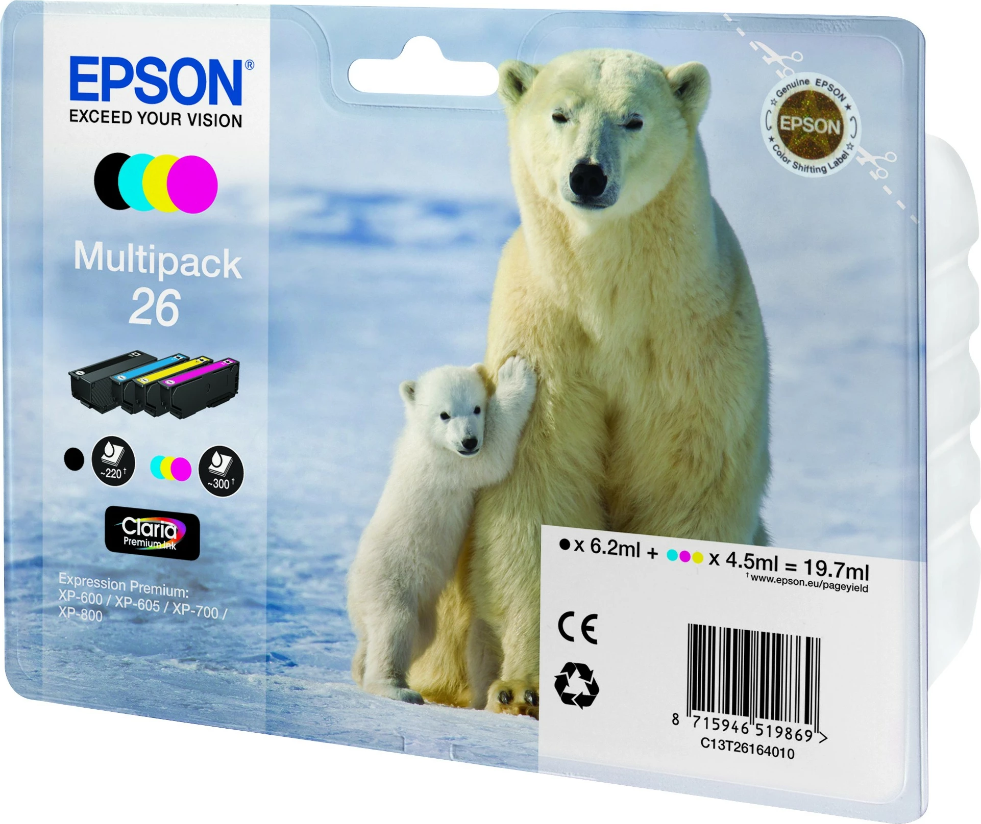 Toner Epson Polar bear Multipack 4 ngjyra 26 Claria Premium, Black, Cyan, Magenta, Yellow