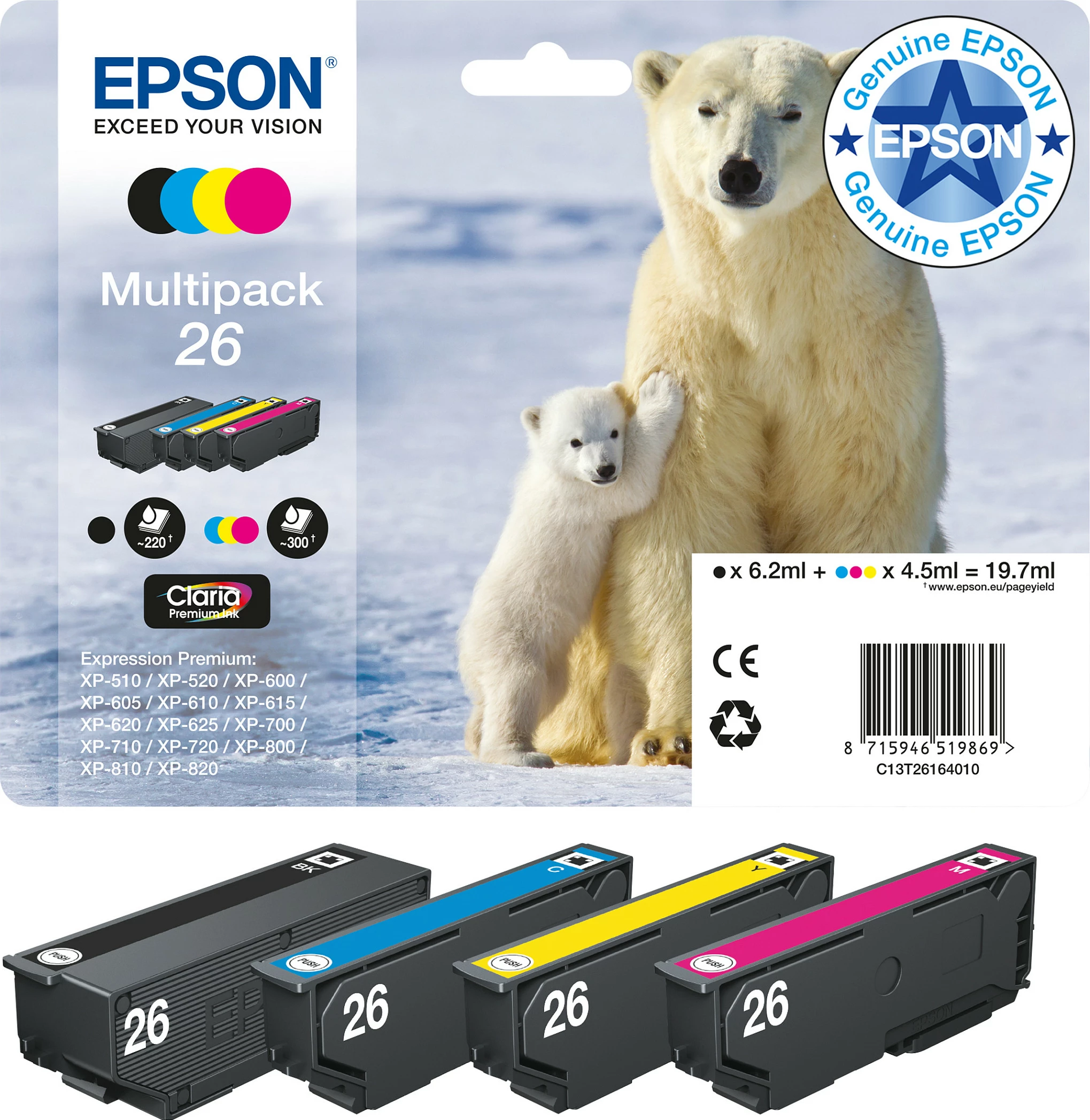 Toner Epson Polar bear Multipack 4 ngjyra 26 Claria Premium, Black, Cyan, Magenta, Yellow