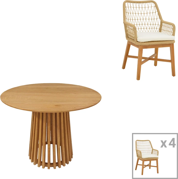 Tavolinë me karrige Elaiza-Kenda 5 copë, ngjyrë natyrale-bezhë, D80x75cm