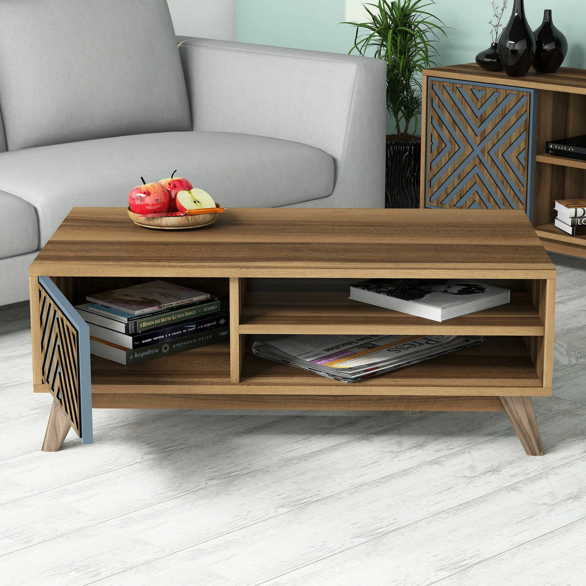 Set mobiljesh për dhomë dite Hanah Home, Inci, ngjyrë arre dhe blu