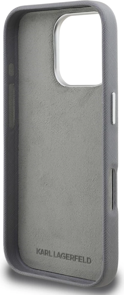 Mbështjellës Karl Lagerfeld FW Grained Karl & Choupette Heads Pins & Logo për iPhone 16 Pro, hardcase, eco-lëkurë/TPU/PC, gri