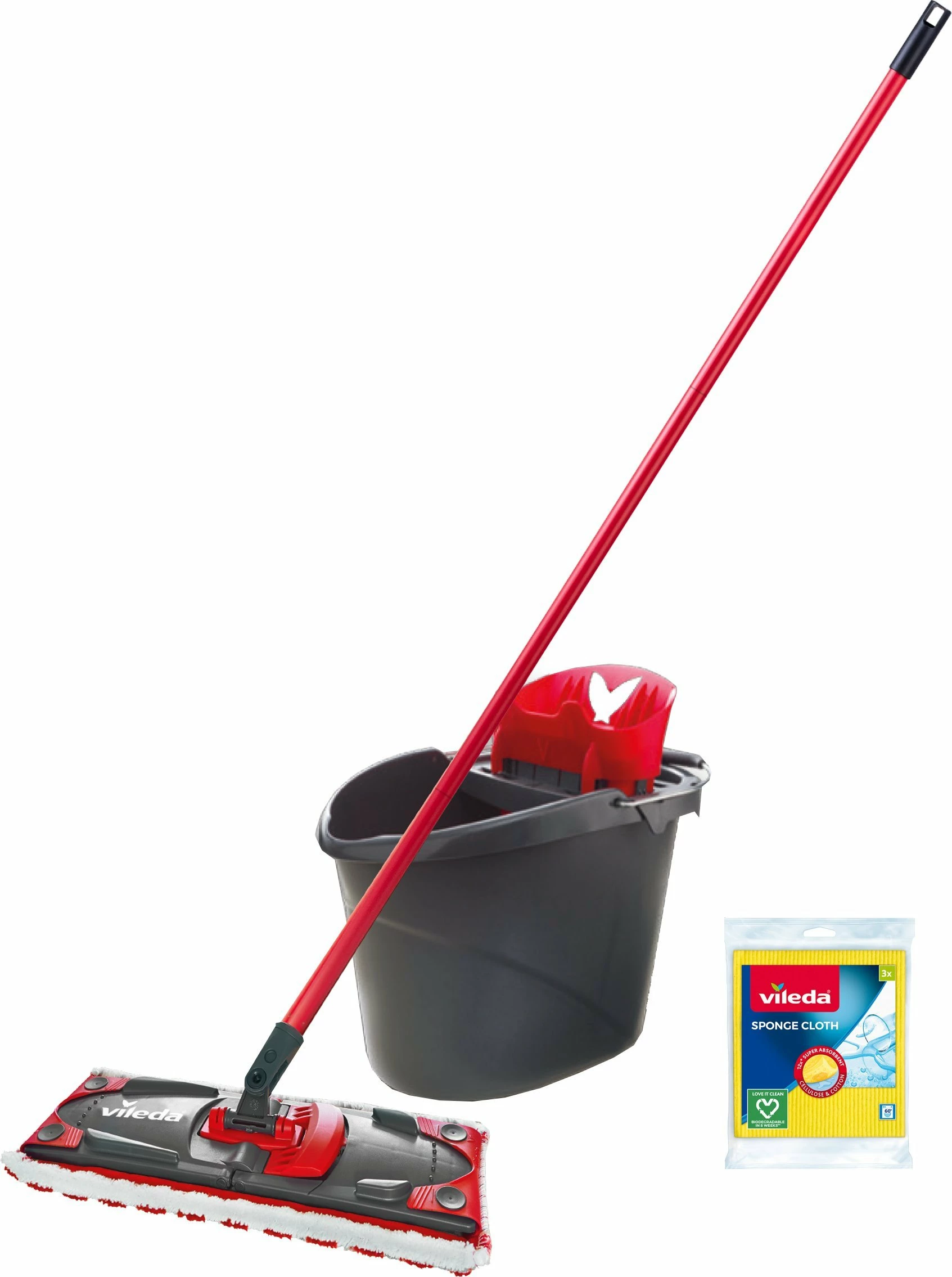 Set mop Vileda Ultramax BOX, kovë shtrydhëse 10 L, jastëk mikrofibër, kuqe, + leckë sfungjer 3 copë