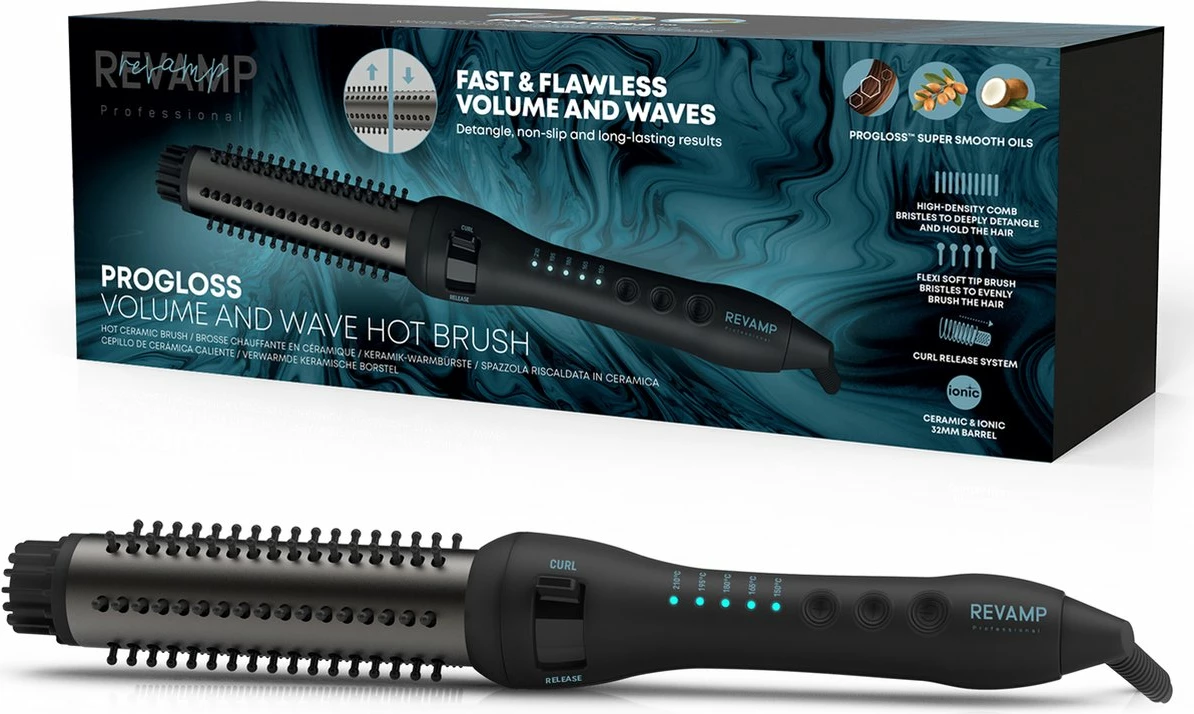 Furçë e nxehtë për flokë Revamp Progloss Volume & Wave BR-1350 32 mm 150–210°C, e zezë, me dorezë mbrojtëse nga nxehtësia
