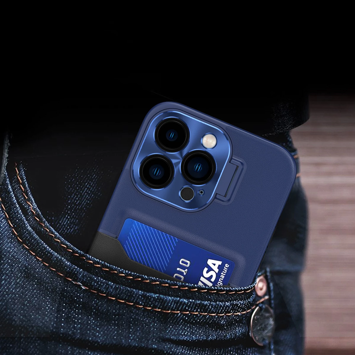 Mbështjellës Hurtel Leather Stand Case për iPhone 14 Pro Max, me xhep për kartela dhe stand, Kaltër