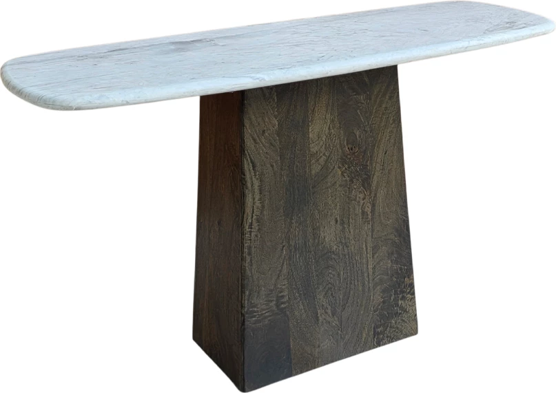 Konsolë me sipërfaqe mermeri të bardhë, bazë dru ngjyrë arre të errët, 130x45x76cm