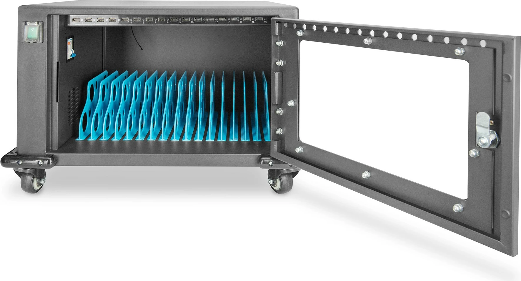 Kasë karikimi Digitus për 16 tabletë deri 14 inç, USB-A, me rrota, e zezë