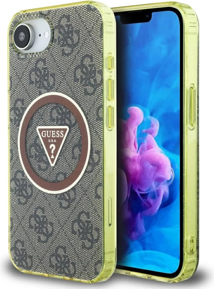 Mbështjellës Guess IML Metal Glitter 4G Circle Triangle MagSafe për iPhone 16e, Kafe