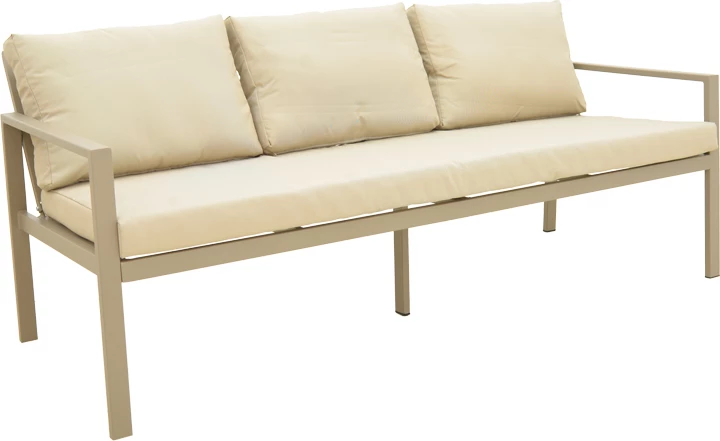 Set lounge për jashtë, 4 pjesë, kornizë alumini, ngjyrë kapuçino, jastëkë gri-bezhë