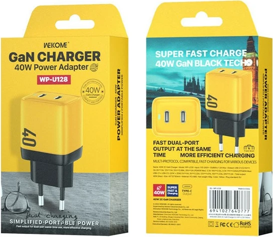 Karikues rrjeti WEKOME WK-WP-U128, 2x USB-C, 40W, e verdhë