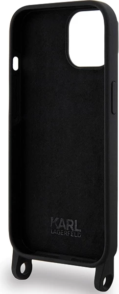 Mbështjellës Karl Lagerfeld Crossbody Silicone Ikonik për iPhone 15 6.1", i zi, me rrip
