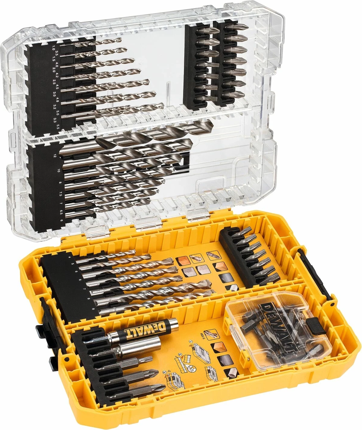 Set aksesorësh shpimi dhe bitash Dewalt DT70761 72 copë, kuti ToughCase e verdhë