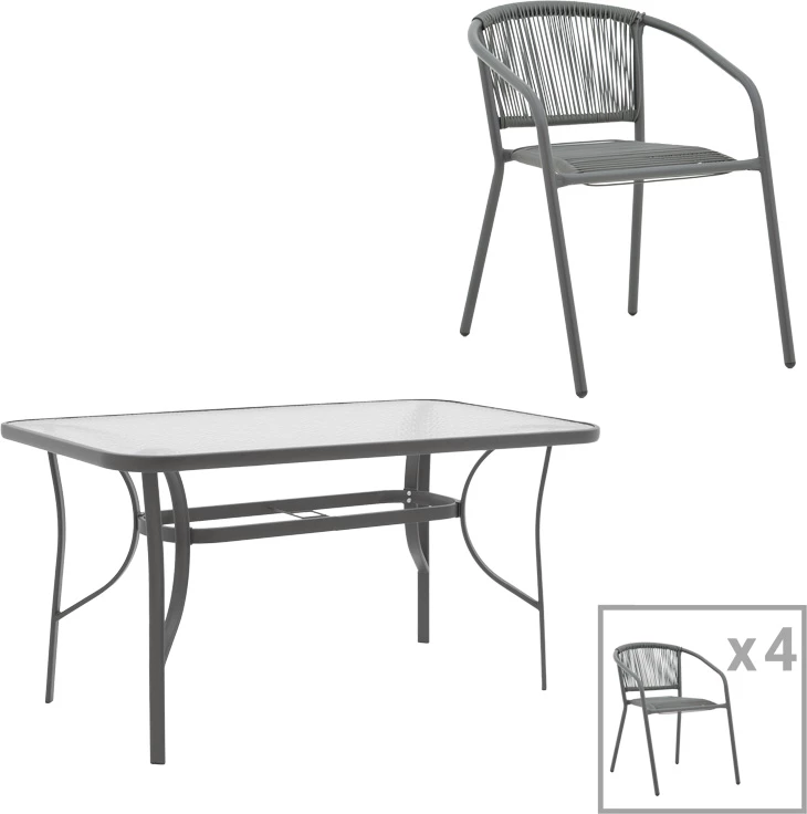 Tavolinë me karrige Ensure-Lindaria, metal-xham, gri e errët, 120x70x70cm, 5 copë