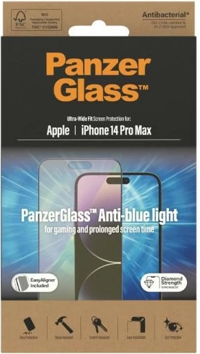 Xham mbrojtës PanzerGlass Ultra-Wide Fit me filtër dritë blu dhe aplikator për iPhone 14 Pro Max