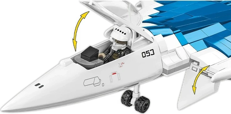 Set blloqe ndërtimi, Cobi, COBI-5909 SU-57 Felon 1:48, 928 copa, me figurë piloti dhe bazë ekspozimi, plastikë, kamuflazh blu-bardhë