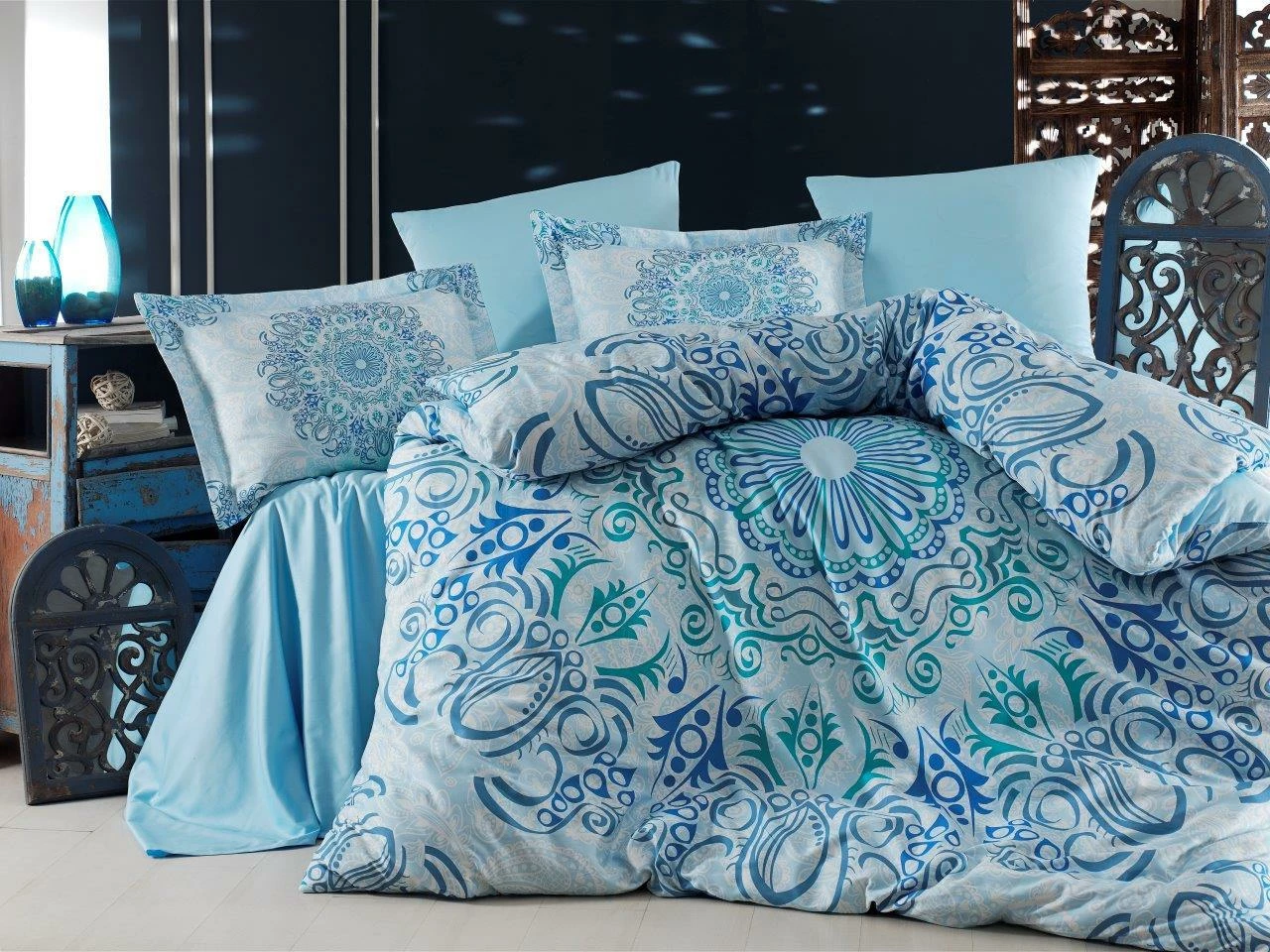 Set mbulesë për jorgan dopio, satin, Monte Carlo, ngjyrë turquoise/blu