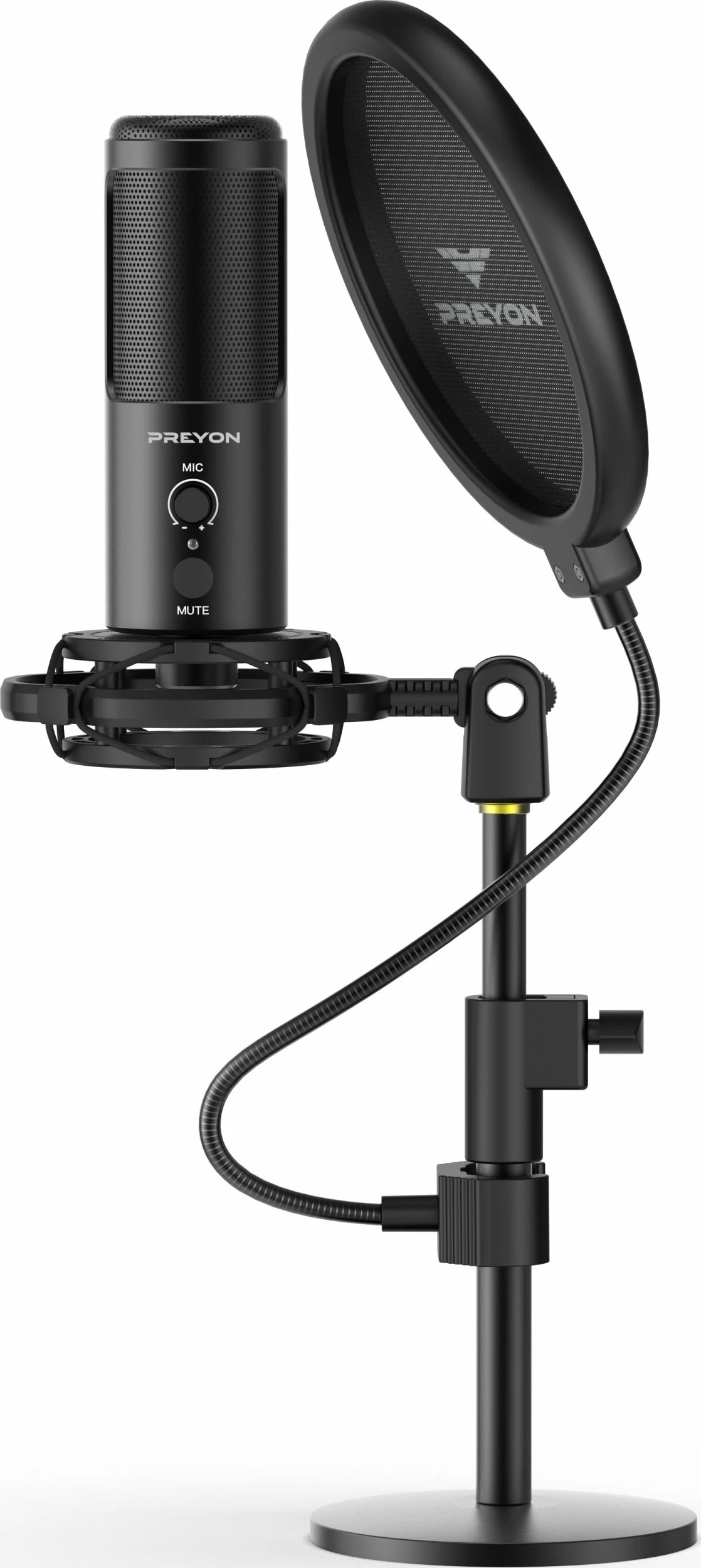 Mikrofon PREYON Buzzard Scream PBS43B, USB-C/3.5mm, kardioid, me stand dhe pop filter, i zi