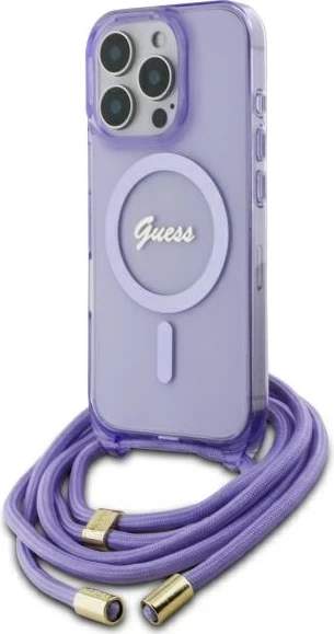 Mbështjellës Guess Crossbody Cord Script MagSafe për iPhone 16 Pro Max, Vjollcë
