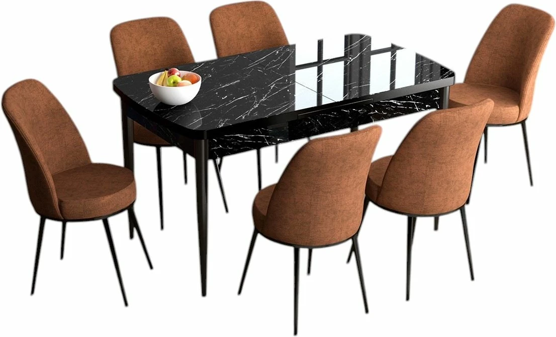 Set tavolinë me karrige për ngrënie, zgjatues, ngjyrë mermeri të zi dhe të kuqe, 7 copë, Skye Decor, Han