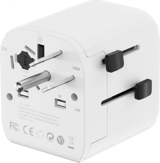 Adapter universal udhëtimi EU, Gembird, TPA-EU2A12-01-W, 12 W, 2x USB-A, soket Schuko, me priza US/UK/AU/CN, i bardhë