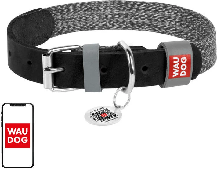 Qafore për qen Waudog, S, lëkurë natyrale dhe material i ricikluar, 15 mm, e zezë