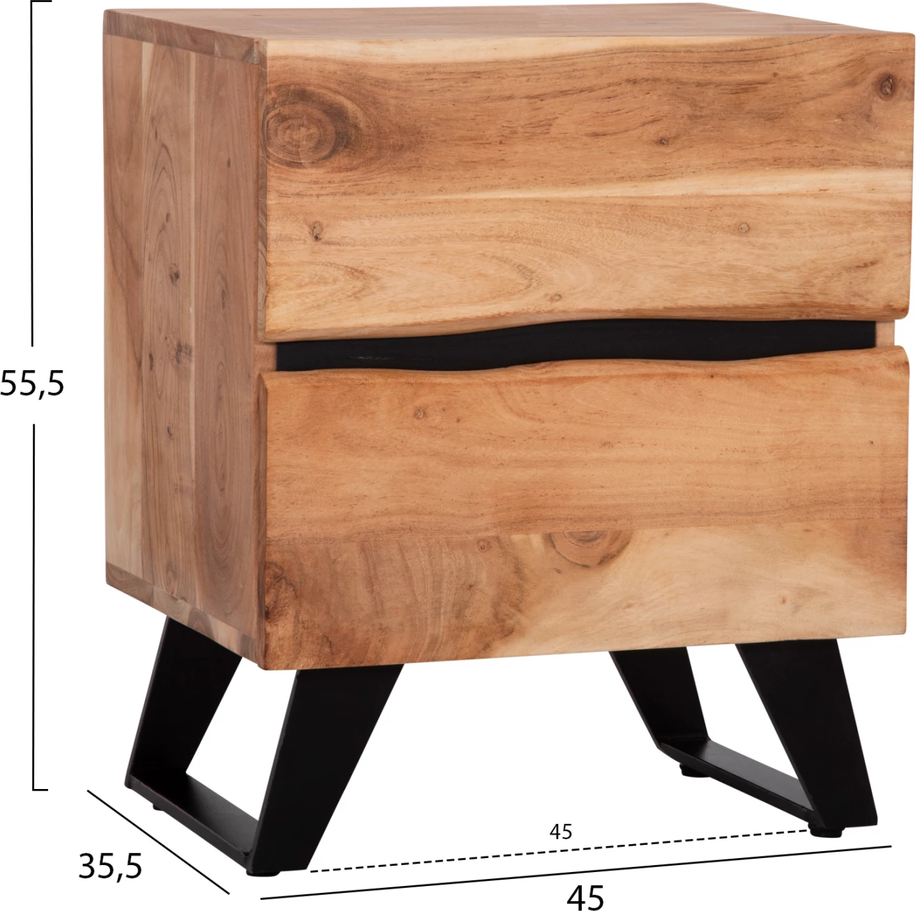 Komodinë natyrale ALICIA, dru akacie, këmbë metalike, 45x35x56cm