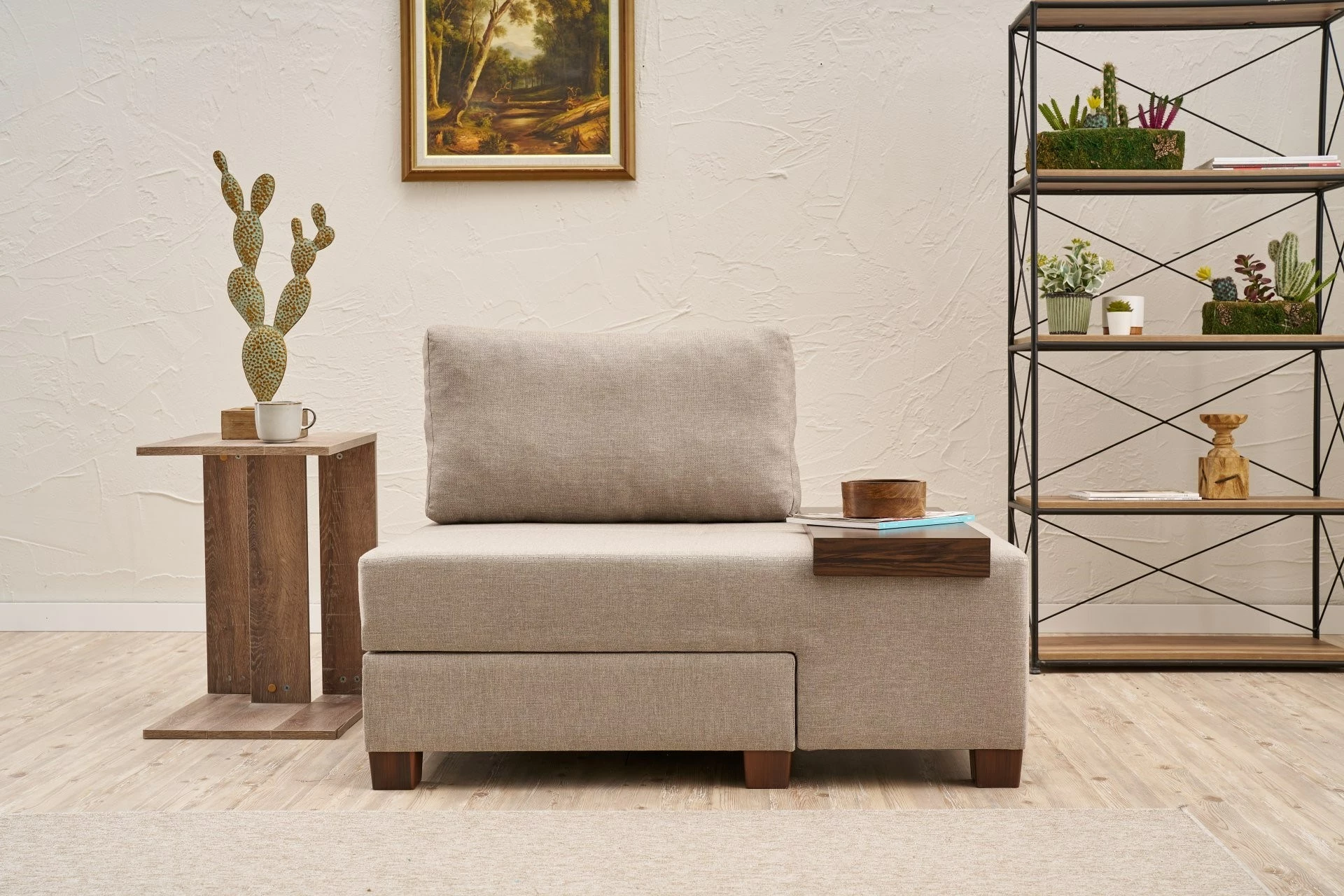 Krevat-sofa një vendësh, liri krem, Perenna, kënd i djathtë