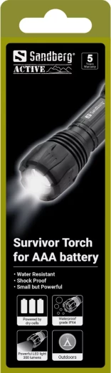 Fener dore SANDBERG Survivor Torch 421-07 300 lm, zoom, 3 mënyra drite, 3x AAA, i zi