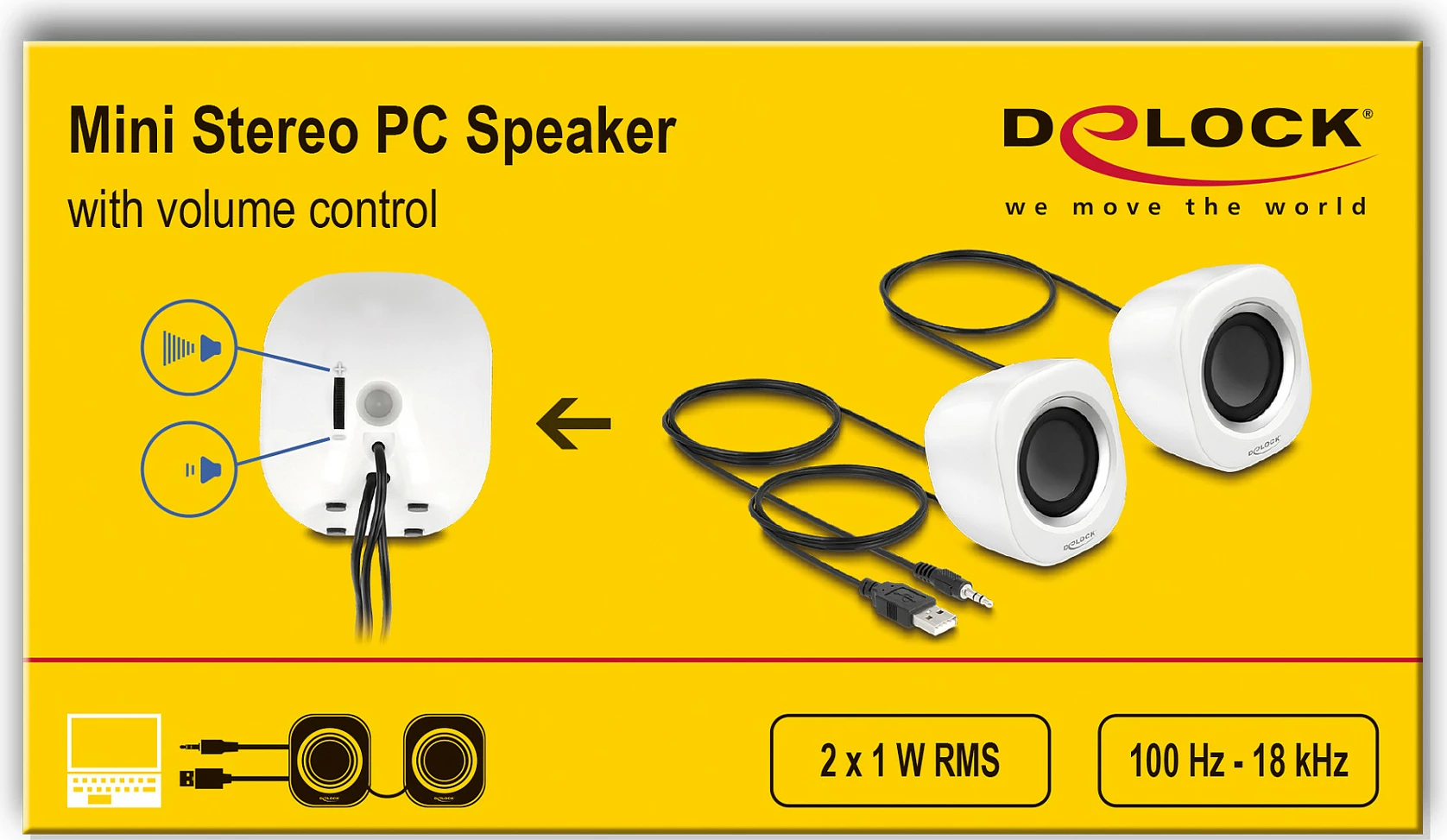 Altoparlantë DeLOCK Mini Stereo për PC, 2.0, 2 W, USB + 3.5 mm, argjendtë/bardhë