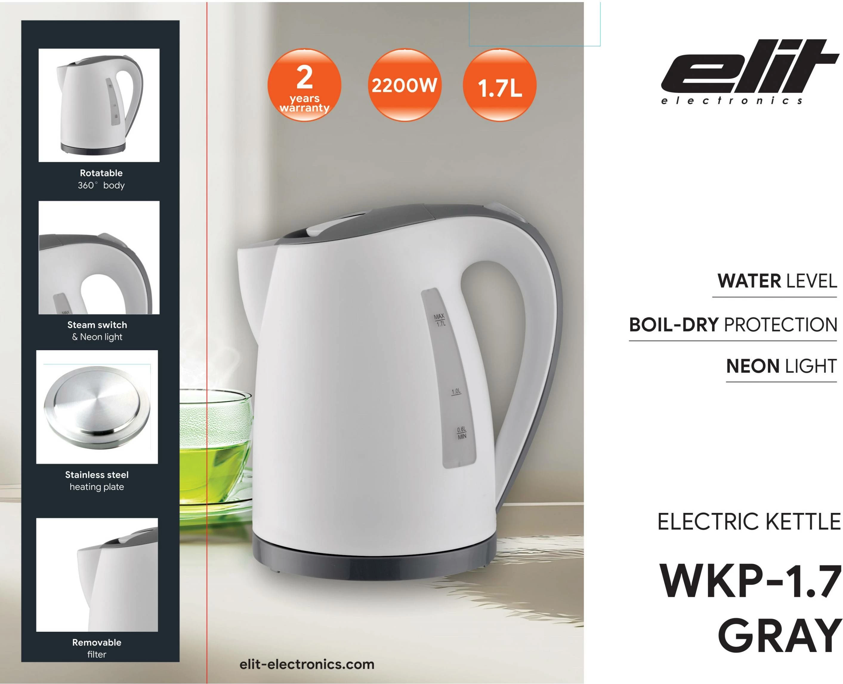 Çajnik elektrik Elit WKP-1.7 1.7L 1850-2200W bardhë/gri
