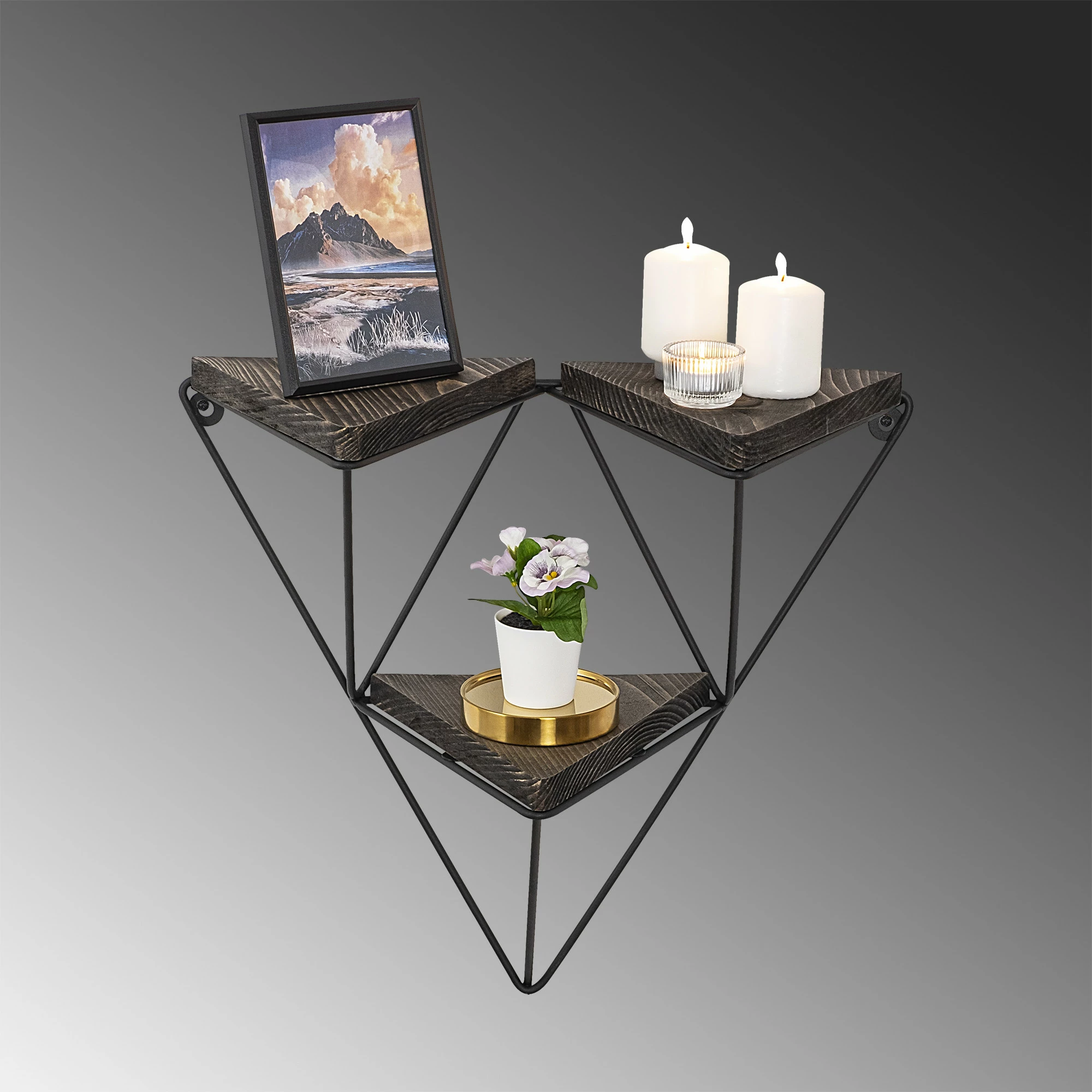 Raft muri Hanah Home, Freesia, dru bredhi, kornizë metalike, ngjyrë e zezë dhe arre e errët