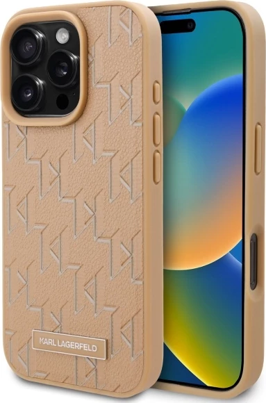 Mbështjellës Karl Lagerfeld për iPhone 16 Pro, lëkurë, MagSafe, Bezhë