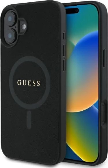 Mbështjellës Guess Saffiano Classic Logo MagSafe për iPhone 16, i zi