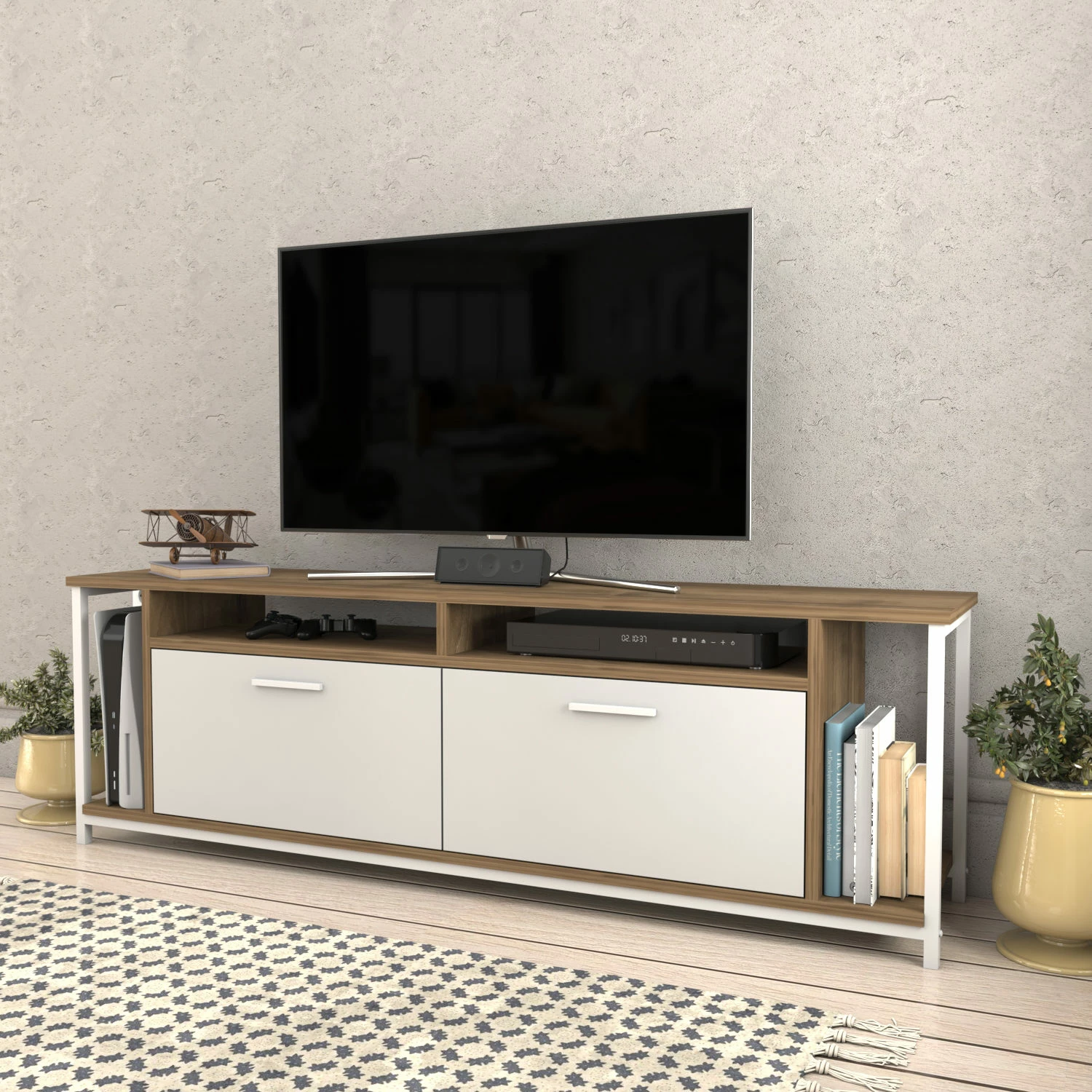 Komodë TV Skye Decor, Omar, e bardhë dhe arre