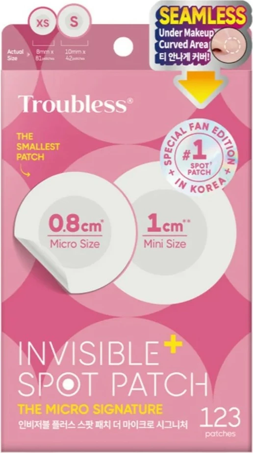 Pllastera për puçrra Troubless Invisible Spot Patch Plus The Micro Signature për femra, 123 copë