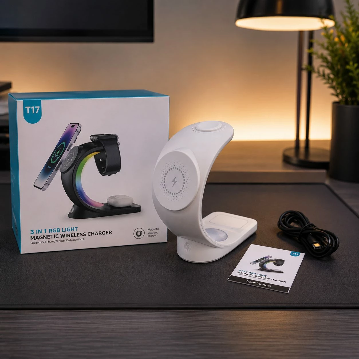 Karikues Wireless Magnetik T17 3-në-1 për telefon, orë dhe kufje