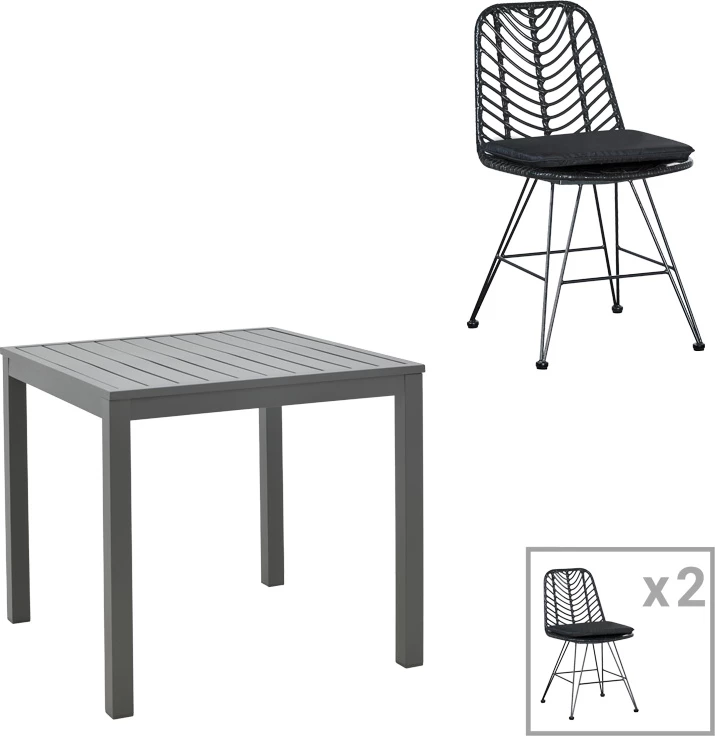 Set tavoline me dy karrige Kliton-Naoki, alumin dhe metal, anthracite e zezë, 80x80x74cm