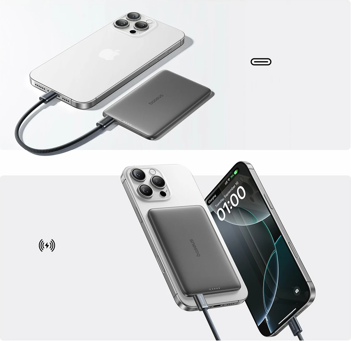 Powerbank Baseus PicoGo AM41 5000mAh 20W MagSafe ultra-slim, i zi, me kabllo USB-C 60W 30cm