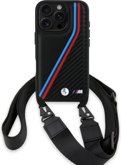 Mbështjellës BMW M Edition Carbon Tricolor Lines me rrip, për iPhone 16 Pro, i zi