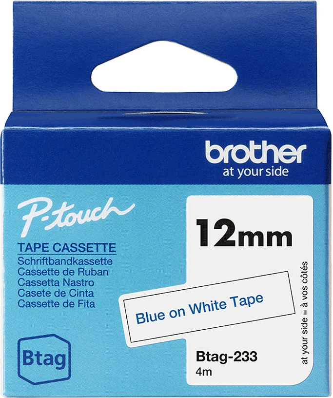 Kasetë shirit për etiketa Brother P-touch BTAG-233, 12mm x 4m, blu në të bardhë