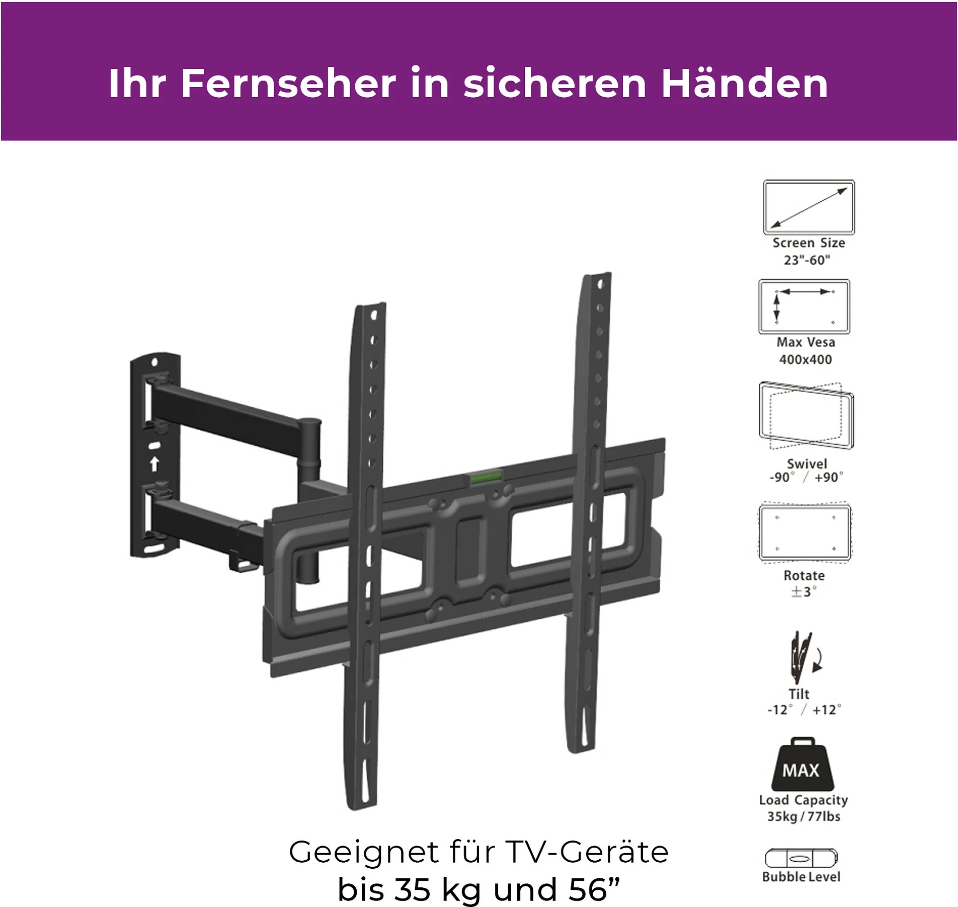 Mbajtëse muri për TV Ultron WM200, VESA 75x75-400x400, 35 kg, rrotulluese/anueshme, e zezë